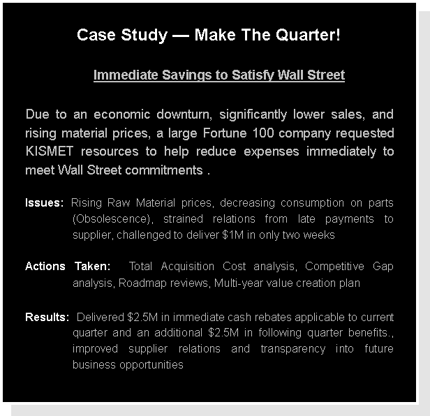 Text Box: Case Study  Make The Quarter!Immediate Savings to Satisfy Wall Street Due to an economic downturn, significantly lower sales, and rising material prices, a large Fortune 100 company requested KISMET resources to help reduce expenses immediately to meet Wall Street commitments . Issues: Rising Raw Material prices, decreasing consumption on parts (Obsolescence), strained relations from late payments to supplier, challenged to deliver $1M in only two weeksActions Taken:  Total Acquisition Cost analysis, Competitive Gap analysis, Roadmap reviews, Multi-year value creation planResults:  Delivered $2.5M in immediate cash rebates applicable to current quarter and an additional $2.5M in following quarter benefits., improved supplier relations and transparency into future business opportunities
