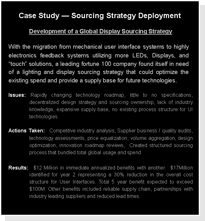 Text Box: Case Study  Sourcing Strategy DeploymentDevelopment of a Global Display Sourcing Strategy With the migration from mechanical user interface systems to highly electronics feedback systems utilizing more LEDs, Displays, and  touch solutions, a leading fortune 100 company found itself in need of a lighting and display sourcing strategy that could optimize the existing spend and provide a supply base for future technologies.Issues: Rapidly changing technology roadmap, little to no specifications, decentralized design strategy and sourcing ownership, lack of industry knowledge, expansive supply base, no existing process structure for UI technologiesActions Taken:  Competitive industry analysis, Supplier business / quality audits, technology assessments, price equalization, volume aggregation, design optimization, innovation roadmap reviews,  Created structured sourcing process that bundled total global usage and spendResults:  $12 Million in immediate annualized benefits with another.  $17Million identified for year 2 representing a 30% reduction in the overall cost structure for User Interfaces. Total 5 year benefit expected to exceed $100M. Other benefits included reliable supply chain, partnerships with industry leading suppliers and reduced lead times.